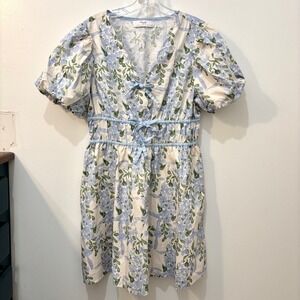 January & May Romantic Floral Puff Sleeve Dress Scalloped Neck Bows Cottagecore